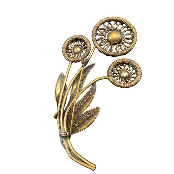 Retro large three flower brass pin detailed leaves strong clasp - Picture 8 of 8